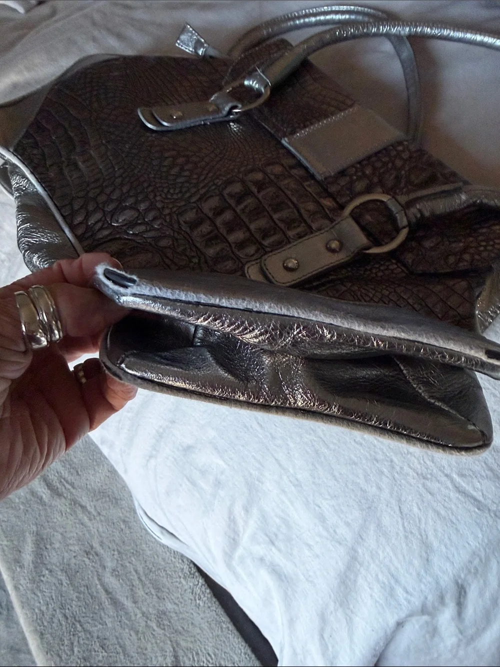 RIPANI Silver Pewter Croc-Embossed Satchel with Medallion Detail